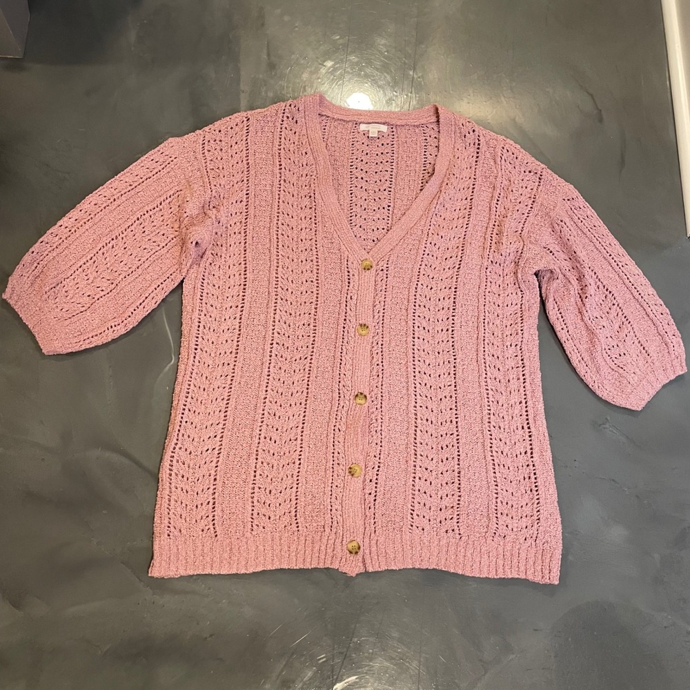 LC Lauren Conrad Pink Pointelle Open‎ Knit Button Front Cardigan XXL 3/4 Sleeve